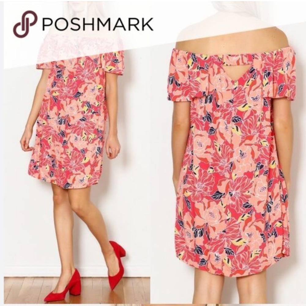 Skies Are Blue Hawaiian Floral Off Shoulder Ruffle Sleeve Dress